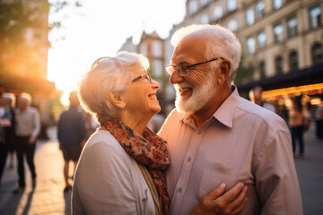 Obraz premium A senior couple are smiling while standing in the europian city.