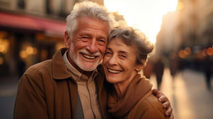 A senior couple are smiling while standing in the europian city.