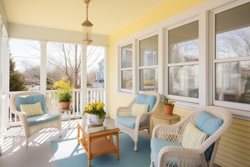 sunlit cape cod porch with wicker chairs - obrazy, fototapety, plakaty