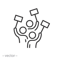collective protest icon, social action, people holding protest posters, demonstration concept, thin line symbol on white background - editable stroke vector illustration eps10