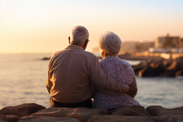 A senior couple relaxing together near the sea.