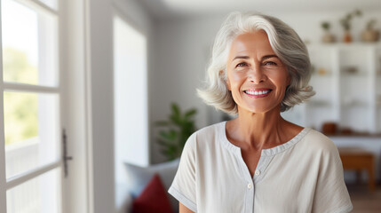 Fototapeta premium A smiling middle aged woman or single mature senior sitting on sofa in living room.