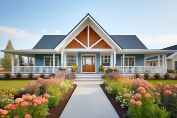 farmhouse with flower beds by the gabled entry - obrazy, fototapety, plakaty