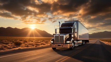 A transport semi-truck effortlessly crossing the expansive terrain of the southwest United States, a representation of logistics, freight, and delivery.