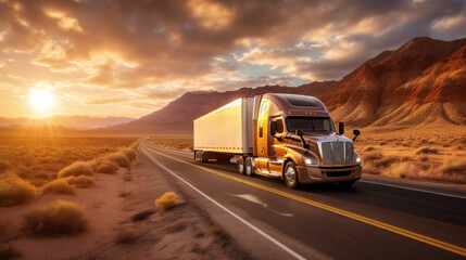 A transport semi-truck effortlessly crossing the expansive terrain of the southwest United States, a representation of logistics, freight, and delivery.