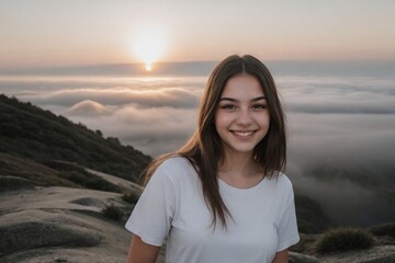 Beautiful girl having an exciting trip on the mountain with the sea of mist in the morning with copy space.
