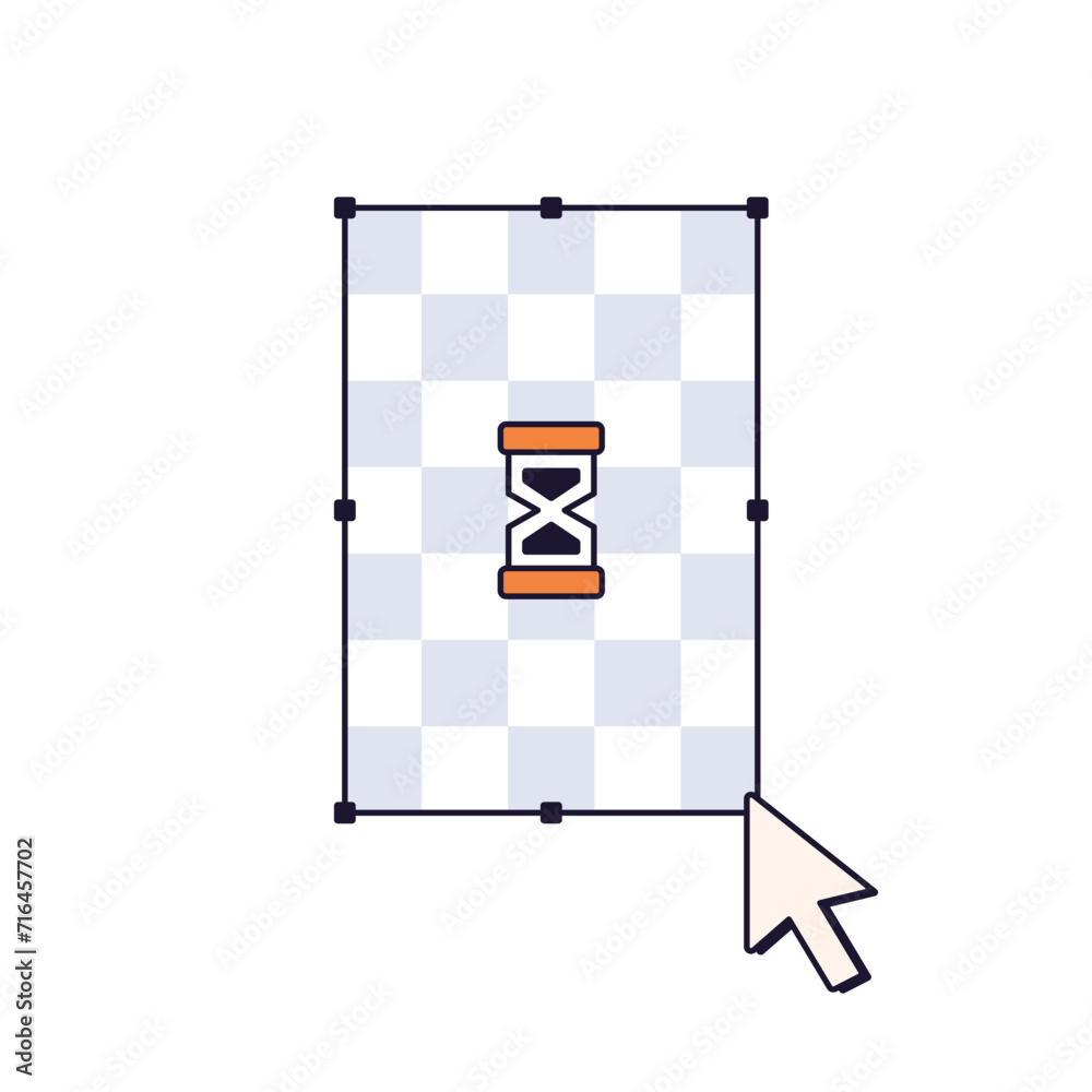 Poster Retro computer cursor and hourglass on transparent png. Sandglass, symbol of waiting, slow processing. UI design in 90s and 00s style. Flat graphic vector illustration isolated on white background