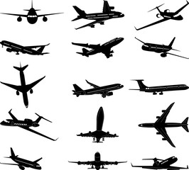 airplane set, black silhouette collection, vector
