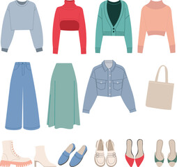 set of women's clothing and shoes, on a white background, vector