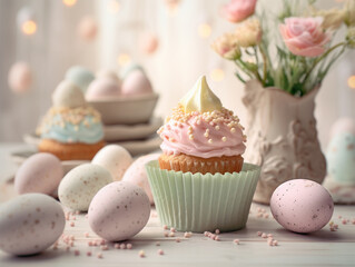 cupcake with Easter eggs and flowers in a vase.