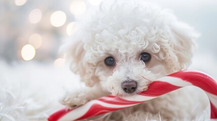 Adorable little dog Bichon Frise eating candy cane