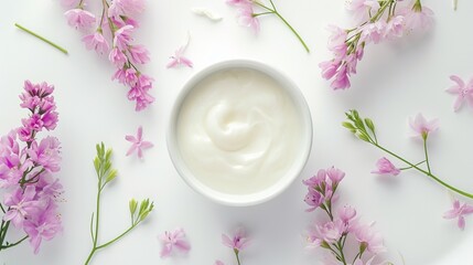 Fototapeta na wymiar White bowl of yogurt with pastel flowers on a white background