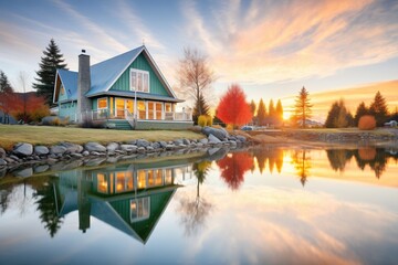 sunrise reflection on the lake by a secluded cottage - obrazy, fototapety, plakaty