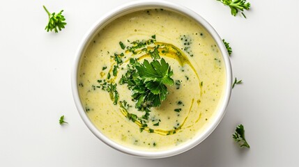 The creamy broccoli soup in white bowl, topped with a generous sprinkle of fresh parsley, on white background,