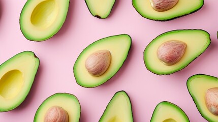 Avocado slices neatly arranged on a pink background