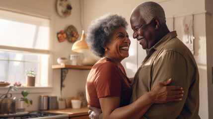 African American retired couple sharing a dance in the kitchen, an embodiment of enduring love and romance.