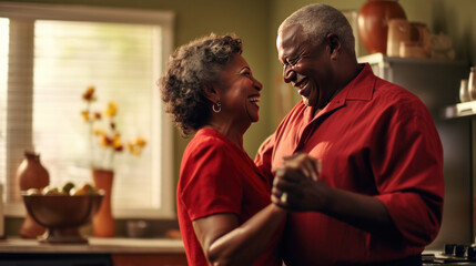 African American retired couple sharing a dance in the kitchen, an embodiment of enduring love and romance.