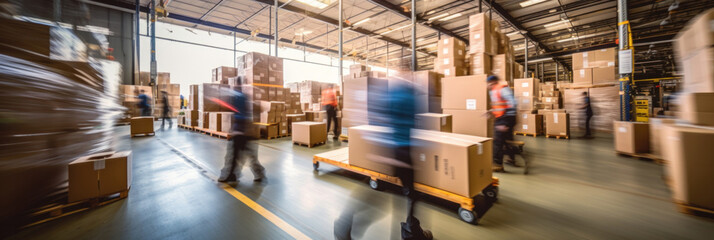 Blurred image of workers or warehouse employees in action, moving shipment boxes efficiently, showcasing the dynamics of international trade logistics.