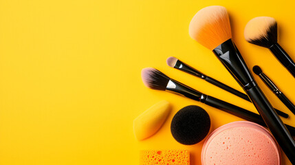 Makeup sponges and brushes on yellow background - obrazy, fototapety, plakaty