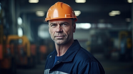 Portrait of Industry maintenance engineer man wearing uniform and safety hard hat on factory station.