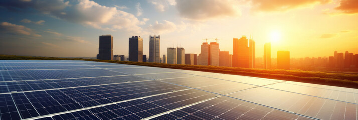 Solar panels with a city skyline in background, Sustainable and eco-friendly future.