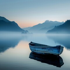 Small Boat Floating on Top of Serene Lake Waters in Peaceful Surroundings