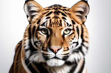 Portrait of a tiger on a white background.