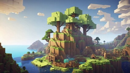 Minecraft inspired colorful world. Minecraft texture world. Cube landscape illustration background abstract, 3d nature, game earth cube voxel surface landscape. Generative AI - obrazy, fototapety, plakaty