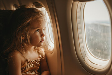 Fototapeta premium A girl sits on an airplane and looks out the window in surprise. A child enjoys the view from the airplane window.