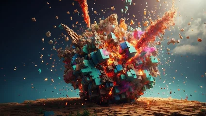 Foto op Aluminium Minecraft Exploding Minecraft colorful cubes paint and splashes. Minecraft colorful blocks. Mind-blowing Minecraft textures and cubes. Exploding cubes. Minecraft world background. Generative AI