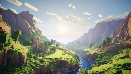 Minecraft inspired colorful world. Minecraft texture world. Cube landscape illustration background abstract, 3d nature, game earth cube voxel surface landscape. Generative AI - obrazy, fototapety, plakaty