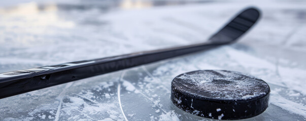 A black hockey stick and a rubber puck lie on the ice. Close-up.