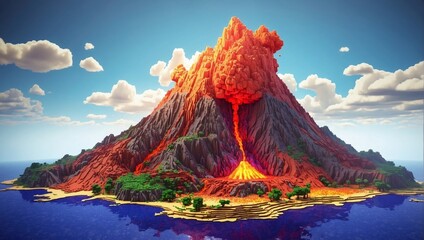 Minecraft inspired colorful volcano eruption. Minecraft texture world. Cube landscape illustration background abstract, 3d nature, game earth cube voxel surface landscape. Generative AI - obrazy, fototapety, plakaty