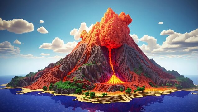 Minecraft inspired colorful volcano eruption. Minecraft texture world. Cube landscape illustration background abstract, 3d nature, game earth cube voxel surface landscape. Generative AI