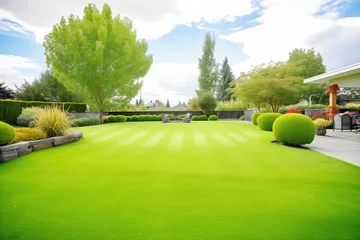 Schilderijen op glas manicured lawn with vibrant green grass and geometric shrubbery © primopiano