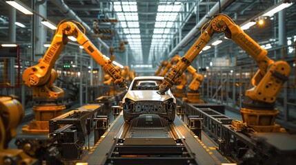 Automated Robot Arm Assembly Line Manufacturing High-Tech Green Energy Electric Vehicles. Automatic Construction, Building, Welding Industrial Production Conveyor Car Factory Concept: