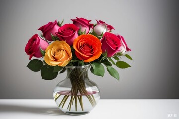 Beautiful Flower. Colorful Roses with Vase. Generated AI