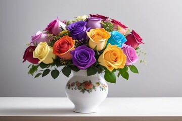 Fototapeta premium Beautiful Rainbow Flower. Colorful Roses with Vase. Generated AI