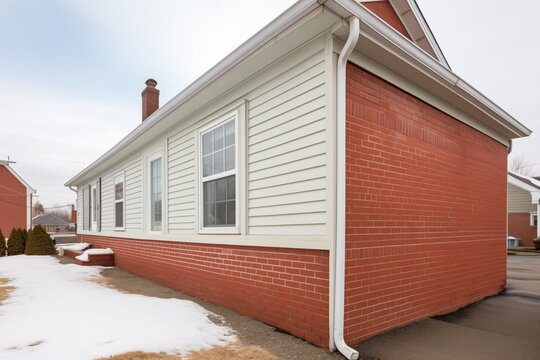 side view of saltbox showing brick and siding contrast