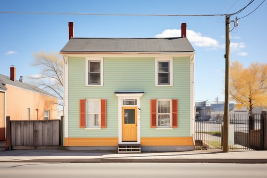 saltbox facade with open shutters, sunny day