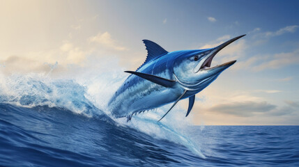 A blue marlin swordfish jumping out of the ocean.