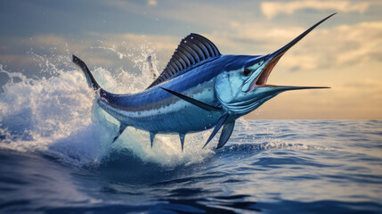 A blue marlin swordfish jumping out of the ocean.