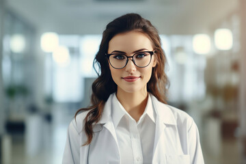 A beautiful young woman scientist wearing white coat and glasses in modern medical science laboratory.