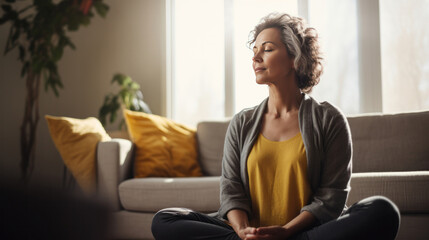 A middle aged woman meditating at home with eyes closed, relaxing body and mind in a living room. Mental health and meditation for no stress concept.