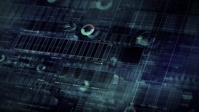 Array of trading infographics moving in 3D space.