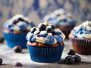 Blueberry muffins with whipped cream and fresh berries. Selective focus. Created using generative AI tools