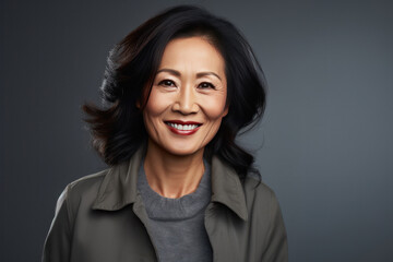 Fototapeta premium Asian smiling middle aged woman on grey background.