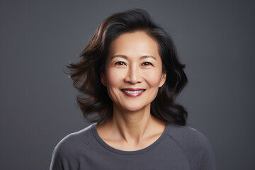 Asian smiling middle aged woman on grey background.