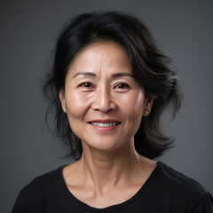 Fototapeta premium Asian smiling middle aged woman on grey background.