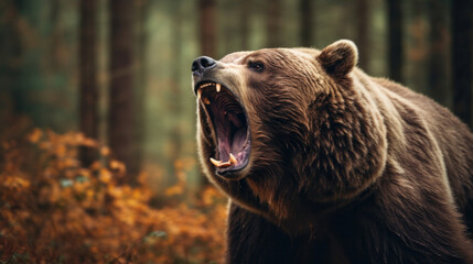 An intimidating brown grizzly bear roaring aggressively, showcasing wild predatory instincts in the forest.